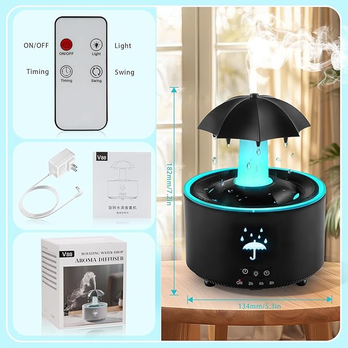 Humidifier for Bedroom, Rotating Umbrella Diffuser with Rain Drop Effect 7-Color LED, 300ML Small Humidifiers Aroma Diffuser with Remote & Timer, Funny Rain Humidifier Gift for Kid Teen Women (Black) - Image 7