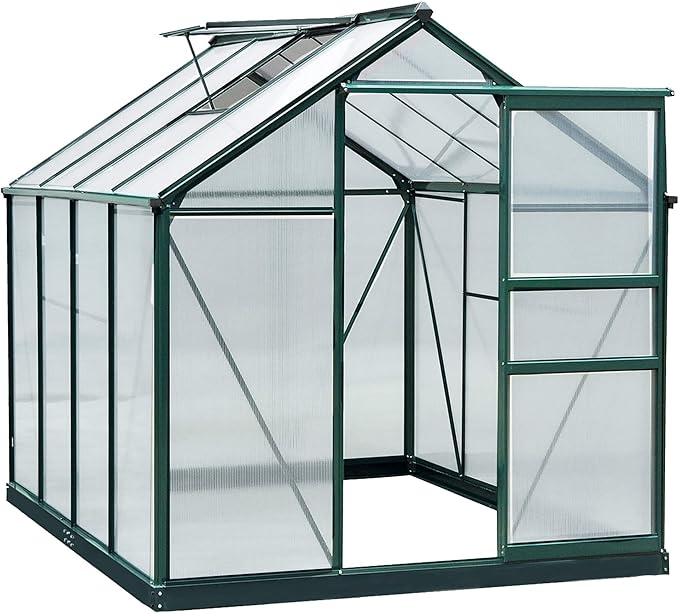 Outsunny 6' x 8' Greenhouse for Outdoors, Polycarbonate Greenhouse with Rain Gutter and Roof Vent, Aluminum Walk-in Green Houses for Outside for Patio Backyard Garden, Dark Green by Outsunny