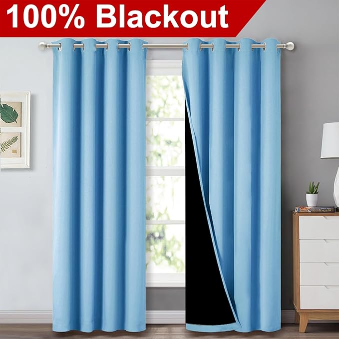 NICETOWN 100% Blackout Curtains 84 inches Long, Blue, 52 inches Wide, Pair of Energy Smart & Noise Blocking Out Drapes for Baby Room Window, Thermal Insulated Guest Room Lined Window Dressing - Image 2
