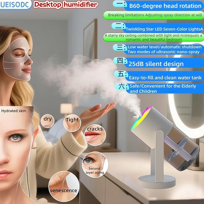 Bedroom Humidifier, USB Mini Portable Humidifier with Ultrasonic Nano-Fine Mist, Auto Shut-Off, Rotatable Design, Quiet Operation, and Easy Refilling & Cleaning ([Pink] Rotating Version) - Image 2