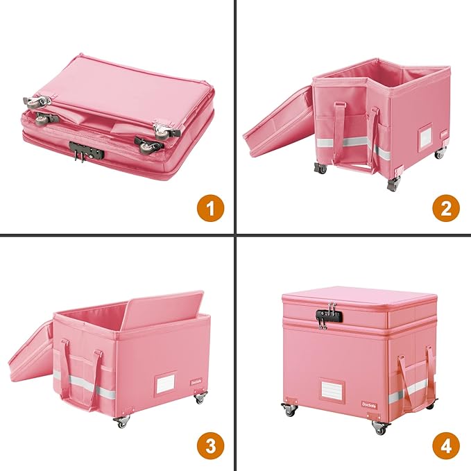 DocSafe File Box with Lock,2-Layer Fireproof Document Box with Wheels,Collapsible Rolling File Storage Organizer with Pockets,Large Portable Home Office Filing Cabinet Safe for Hanging Folders,Pink - Image 9
