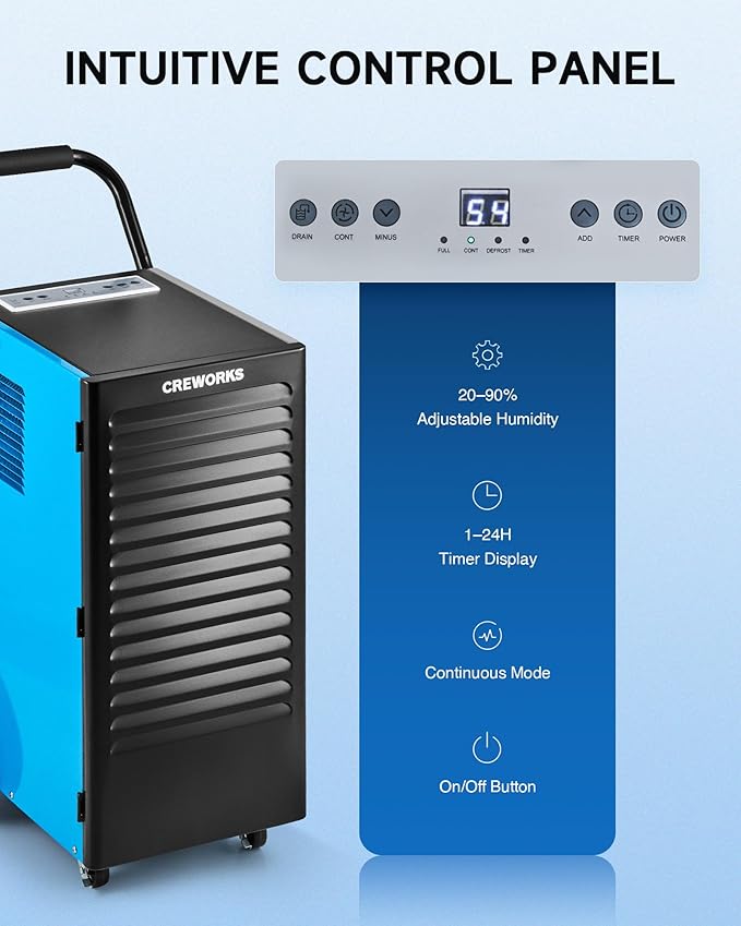 CREWORKS 180 PPD Commercial Dehumidifier, 180 Pint Dehumidifier for Basement with Wheels Drain Hose, Portable Professional Basement Dehumidification with Auto Defrost Display Panel - Image 5