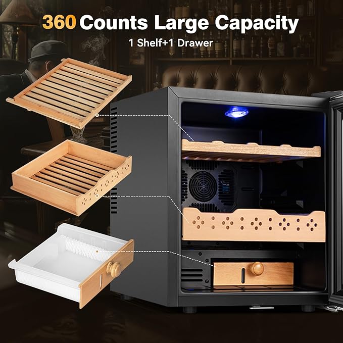 Electric Cooler Cabinet 50L with Temperature and Humidity Control, Spanish Cedar Wood Shelves and Safety Lock (400 Counts Capacity), Gift for Men - Image 6