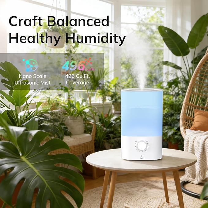 ZAFRO 3.2L Cool Mist Humidifier for Bedroom, 360° Adjustable Nozzle & 7 Color LED Night Light, Top Fill Design & Multiple Mist Levels, 24 dB Quiet Ultrasonic Comfort Humidifiers, White - Image 7