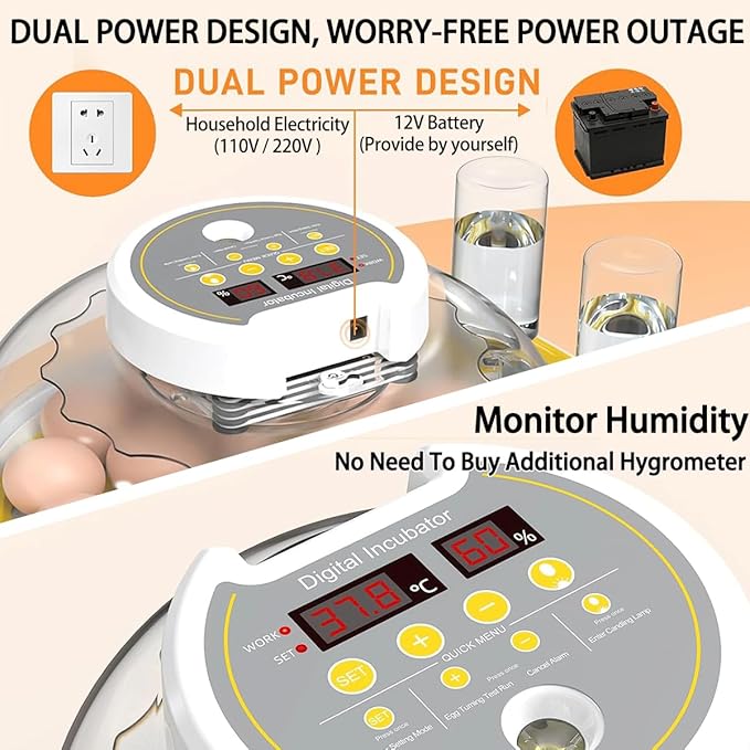 18/60 Incubator for Hatching Eggs, Egg Incubators with Humidity Display, Egg Candler, Automatic Egg Turner, Poultry Egg Incubator for Hatching Chicken Duck Goose Bird Quails- Yellow - Image 6