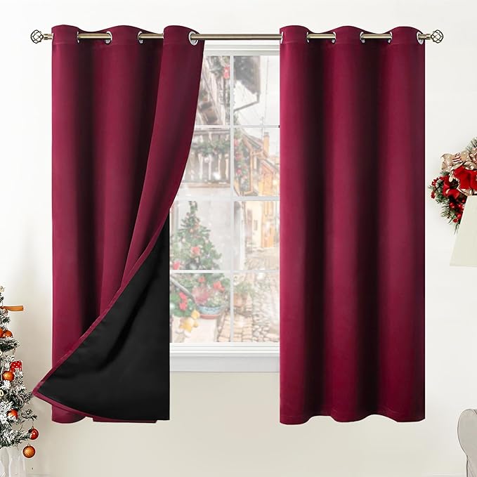 BGment Thermal Insulated 100% Blackout Curtains for Bedroom with Black Liner, Double Layer Full Room Darkening Noise Reducing Grommet Curtain (42 x 63 Inch, Burgundy Red, 2 Panels) by BGment