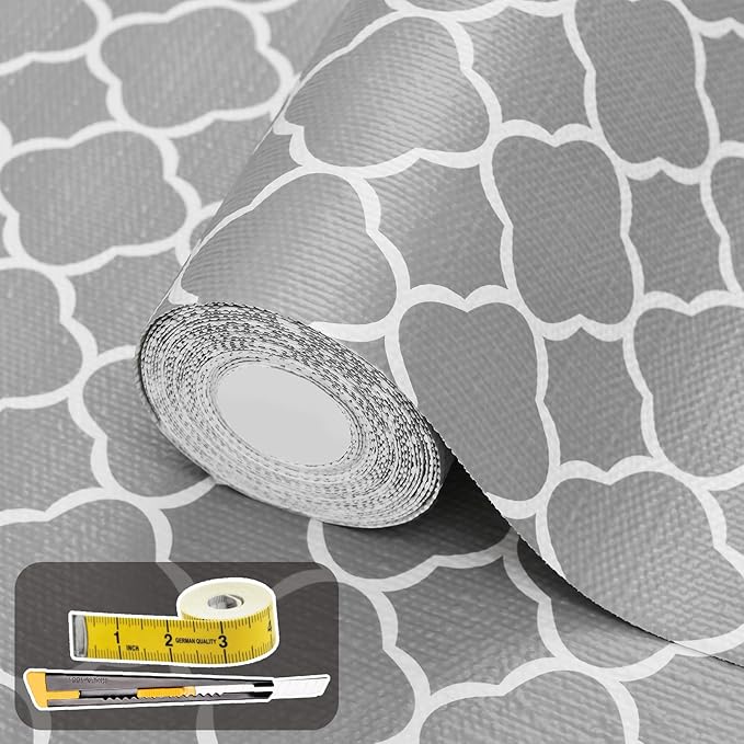 Shelf Liners for Kitchen Cabinets 12in x 20FT Non Adhesive Drawer Liner Gray Quatrefoil Thickened Shelf Liner Paper Strong Non-Slip Easy to Clean for Tool Box Refrigerator with Knife and Tape Measure by Adwann