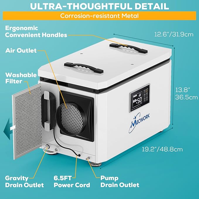 125 Pints Commercial Dehumidifier with Pump and Drain Hose, Mecwork Quiet Dehumidifiers for Basement, Crawl Space, Dehumidifier Water Damage Restoration up to 6,000 sq ft, Auto Defrost(1PCS) - Image 6