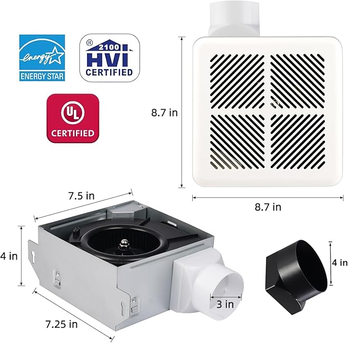 Tech Drive Very Quiet Bathroom Exhaust Fan - 60 CFM/50 CFM, 3&4-Inch Duct Included, No Attic Access Needed, Energy Star, Easy to Install, Ceiling Mounted for Bathrooms Up to 55 Sq. Ft, White - Image 4