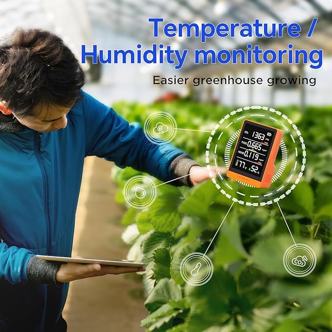 5-in-1 Professional Indoor Air Quality Monitor Indoor Portable CO2 Monitor | Temperature | Formaldehyde Detector | Humidity TVOC | Air Quality Tester - Confined Space Clean Air Monitor (Orange) - Image 6