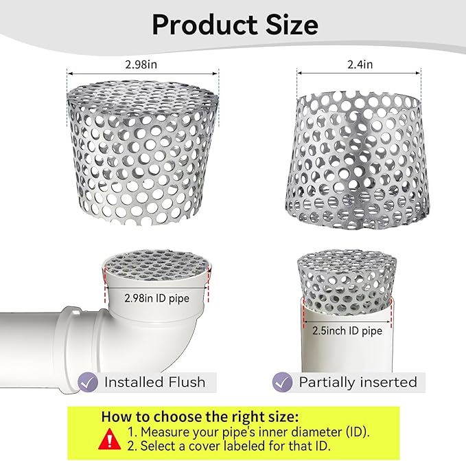 PVC Termination Mesh Vent Cover - 2Pack, Furnace&Roof Vent Cap, OD 2.4 to 2.98in Multihole Mesh for 2.5 to 2.98in ID Pipe, Stainless Steel Conical PVC Cap, Used for Keep Birds and Leaves Debris Out - Image 2