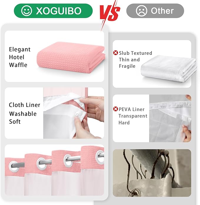 No Hook Shower Curtain and Liner Set,Pink Hotel Waffle Shower Curtain with Liner 75" L x 72" W - Image 5