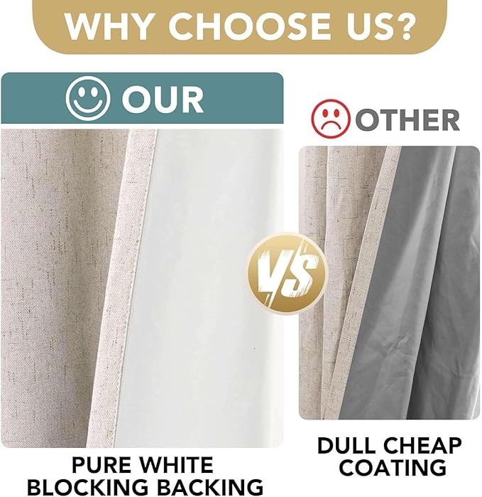 H.VERSAILTEX Linen Curtains 100% Blackout Curtains for Bedroom 90 inch Long Full Light Blocking Nature Linen Blended Window Curtains for Living Room Nickel Grommet (2 Panels, Natural) - Image 3
