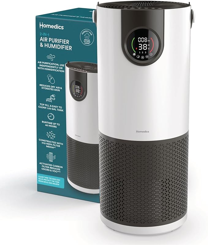 Homedics 2-in-1 Cool Mist Humidifier & Air Purifier – Humidifies & Purifies Air, Digital Air Quality Sensor, Auto Mode, Stylish Tower Design, Ideal for Medium-Large Rooms by Homedics