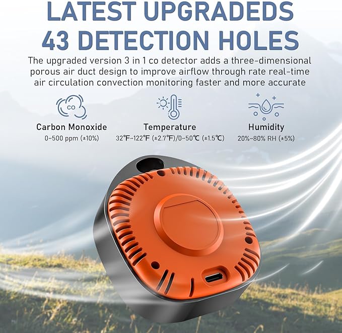 Portable Carbon Monoxide Detectors for Travel 3-in-1 Square Carbon Monoxide Monitor with 43 Detection Holes, RV CO Detector Alarm Temp/Humidity Sensor for Home, Camping & Travel Tent Car - Image 2