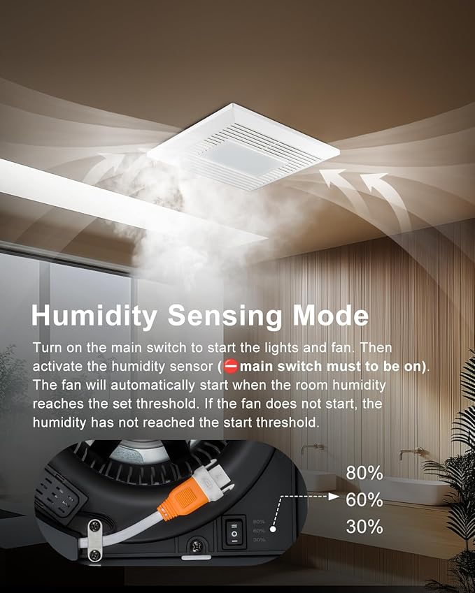 GROWNEER Bathroom Exhaust Fan with Light, 35W Exhaust Fan with Humidity Sensor-30%/60%/80% Adjustable, 110 CFM 1.0 Sone Bathroom Fan with Light, 600lm 2700K/4000K/5000K Adjustable, 7.68 x 9.25 inch - Image 2