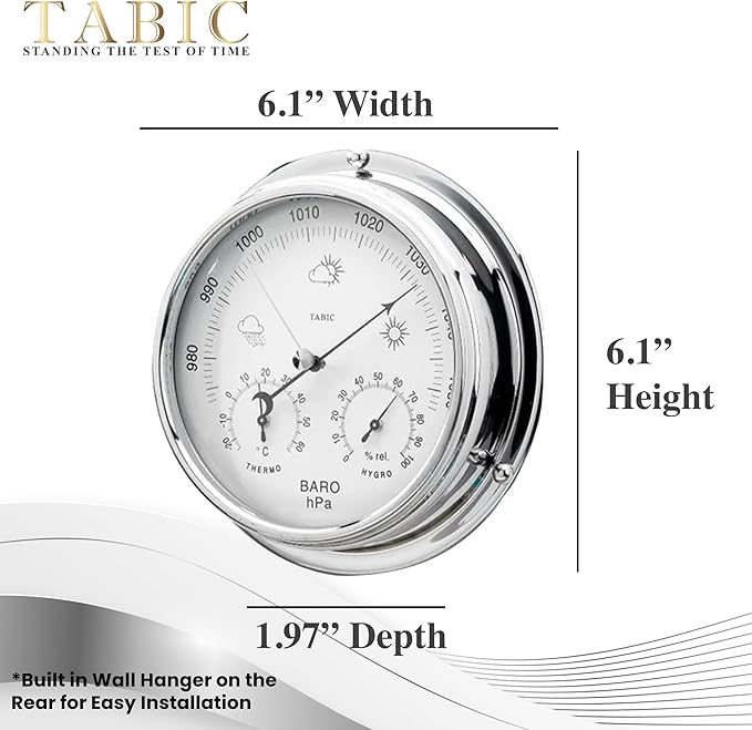 Chrome Barometer with Built-in Hygrometer &Thermometer - Analog Weather Station for Home & Outdoor Use - Handmade in England - Heavy Chrome Plated Brass Case (1/2kg), 6in x 2in - Image 3