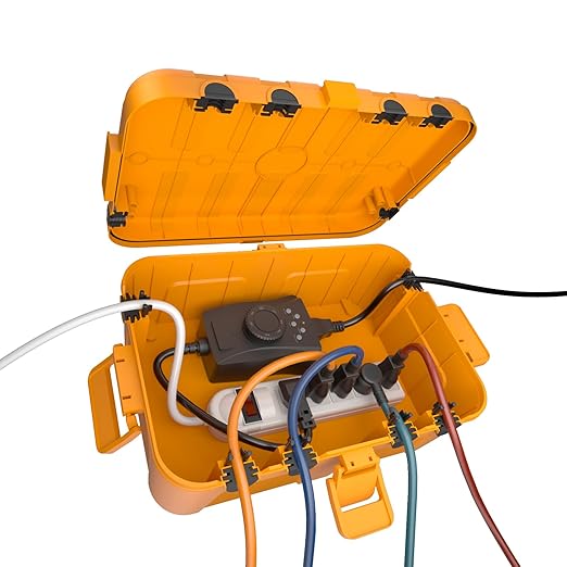 Flemoon Large Outdoor Electrical Box, IP54 Waterproof Outdoor Extension Cord Cover Weatherproof, Protect Outlet, Plug, Socket, Timer, Power Strip, Holiday Light Decoration, Orange by FLEMOON