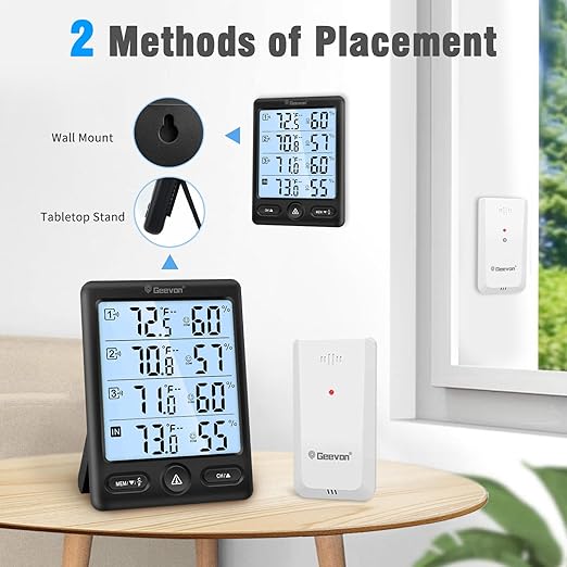 Geevon Indoor Outdoor Thermometer Wireless 3 Remote Sensors, 5-Inch Display Digital Hygrometer Thermometer Temperature Humidity Monitor with 8S Backlight, Battery-Powered (Black) - Image 9