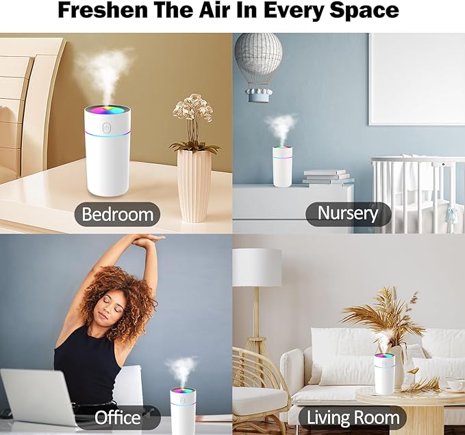 Portable Mini Humidifier with 7-color Lights, Cool Mist Small Desk Humidifiers Car Humidifier [2 Mist Modes] USB Personal Desktop Humidifiers for Bedroom, Office, Travel, Car, Plants, Super Quiet - Image 6