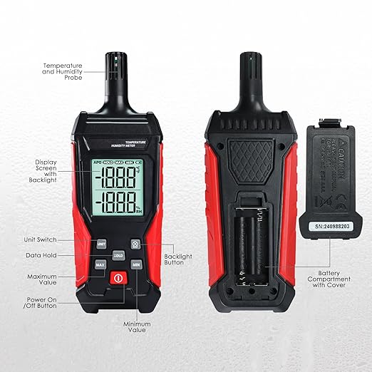 Humidity Temperature Meter, High Precision Digital Psychrometer HVAC with Ambient Temperature Handheld Hygrometer Moisture Meter w/Data Hold, Min/Max, 4 Digits Display Backlit for Outdoor Indoor Use - Image 6