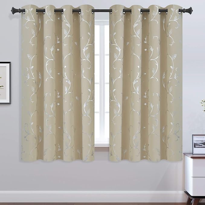 BUHUA Boys Room Blackout Curtain Panels Wave Vine Flower Print Room Darkening Curtains for Kids Bedroom Beige 52W×54L 2 Drapes - Image 2