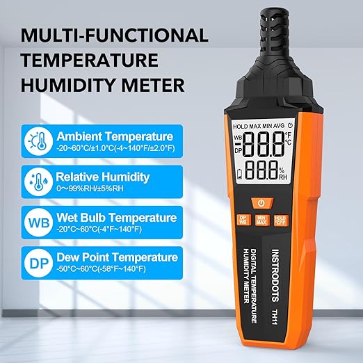 Temperature Humidity Meter, High Precision Digital Hygrometer with Ambient, Dew Point, Wet Bulb Temperature for Indoor Outdoor, Thermometer with Min/Max, Data Hold, LCD Backlight, TH11 - Image 2