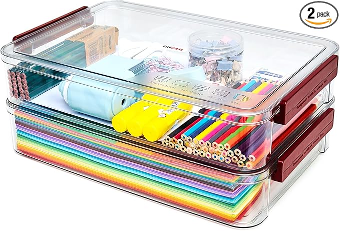 5.5qt Portable Project Case 9 X 13 Clear Stackable Plastic Storage With Lids Organizer Containers File Box For Letter A4 Paper Photo Documents Scrapbook Craft Art School Supplies, 2 Pcs by CATOOMUU