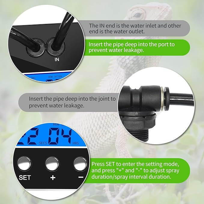 reptile humidifier, LCD with timing function, time length and interval can be set, reptile mister system with 2 spray nozzles, misting system for reptiles of amphibians, tanks, Paludarium - Image 4