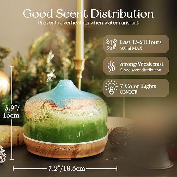 Porseme 500ml Glass Essential Oil Diffuser Aromatherapy Ultrasonic Cool Mist Humidifier 15-21 Running Hours Waterless Auto-Off Air Diffusers for Sleeping Yoga Office Working Spa and Rest (Blue Grass) - Image 3