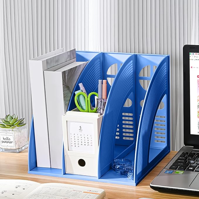 Marte Vanci Magazine File Holder Book Desktop Organizer Plastic Storage Sturdy Vertical 3 Section Folder Blue - Image 7