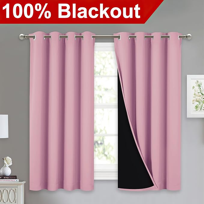 NICETOWN 100% Blackout Curtains with Black Liners, Thermal Insulated Full Blackout 2-Layer Lined Drapes, Noise Cancellation Window Draperies for Dining Room (Crystal Pink, 2 Panels, 52" W by 54" L) - Image 2