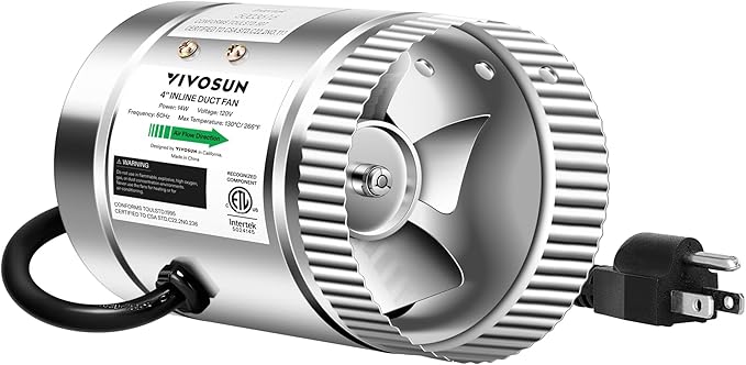VIVOSUN 4 Inch Inline Duct Fan 100 CFM, HVAC Exhaust Ventilation Fan with Low Noise for Basements, Bathrooms, Kitchens and Attics, Silver by VIVOSUN