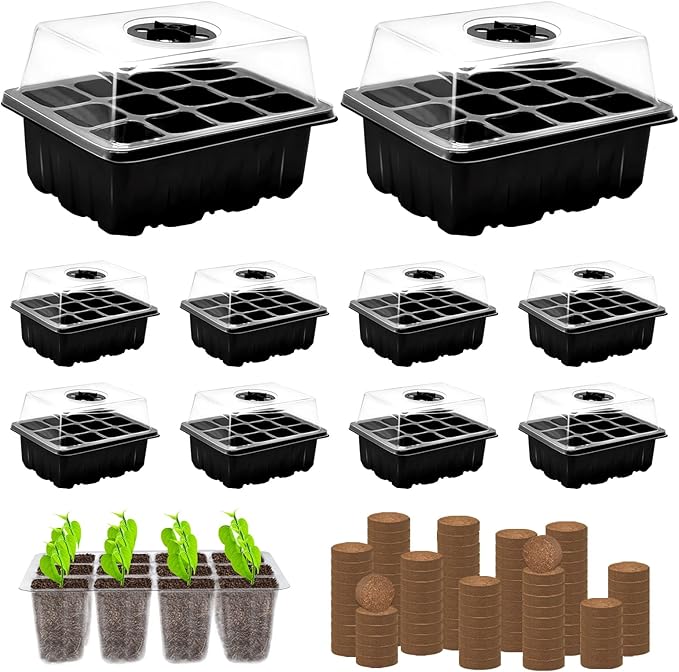 ZeeDix 10 Set Seed Starter Tray Kits, 10 Pack Seed Trays with 120 Pack Coco Coir Pellets, Adjustable Humidity Germination Tray with Dome Lids for Indoor Plants, Mini Greenhouse for Vegetables Garden by ZeeDix