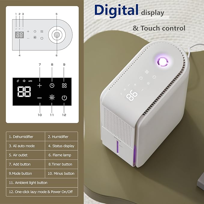 3 in 1 Dehumidifier, Humidifier & Air Filtration & aroma diffuser combo - 39Oz, Auto Humidity Control,Quiet, 27db，multifuctional colorful mist,for Bedroom/bathroom/home/basement/RV(350 sq.ft) - Image 6