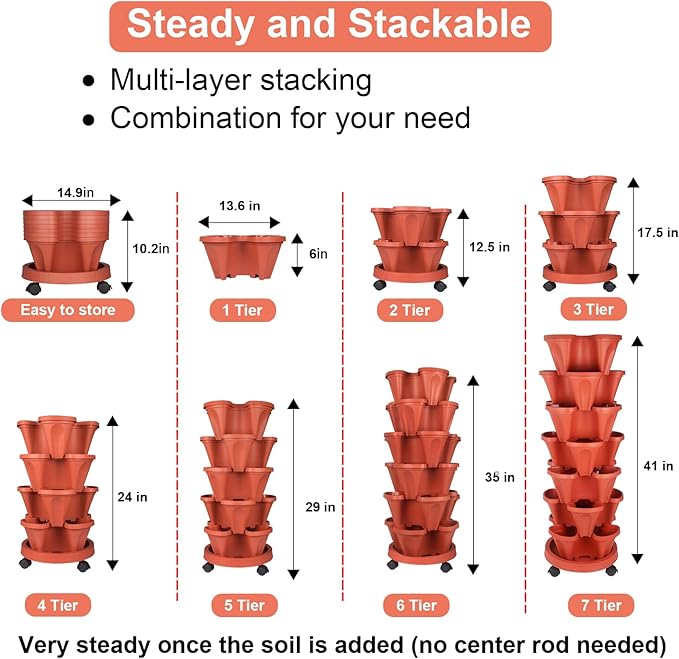 GameXcel Vertical Planter 7 Tier Stackable Planters Garden Planters Strawberry Herb Flower and Vegetable Planter Indoor Outdoor Gardening Pots with Removable Wheels and Tools - Image 7