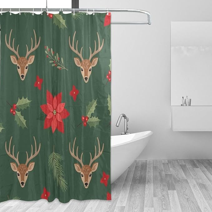 Christmas Deer Green Shower Curtain Liner 72×72 inch for Bathroom Curtain Anti Mold Shower Curtain with Hooks Bathroom Accessories by Unknown