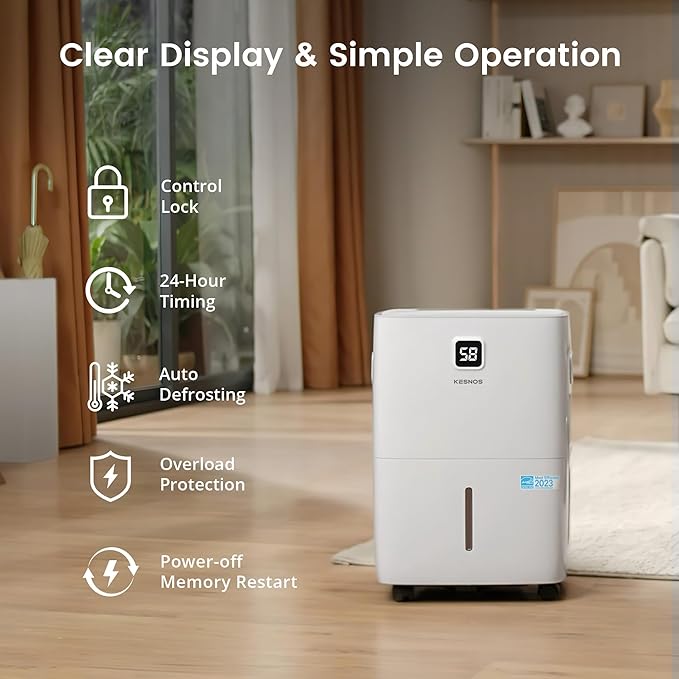 Kesnos 120 Pints Energy Star Dehumidifier for Home & Basement with Drain Hose, Front LED Display and 1.06 Gal Water Tank, Ideal for Spaces up to 6,500 Sq. Ft., Featuring Auto Defrost & Timer Function - Image 7
