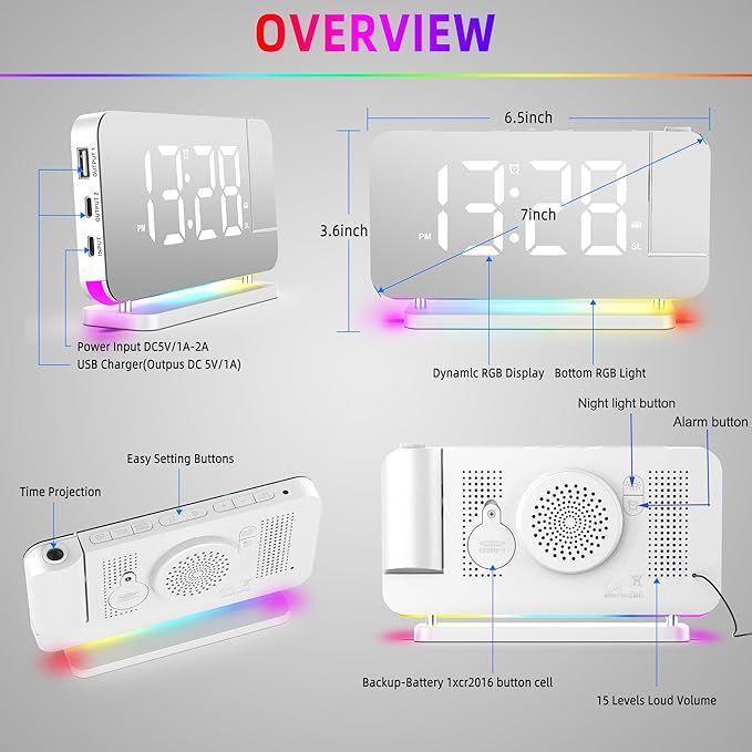 Projection Alarm Clock for Bedroom Ceiling,RGB Digital Clocks with 10 Colors RGB Night Light,Loud Alarm Clock for Heavy Sleepers,USB C Charger Port,Snooze,12/24H,Auto Dimming - Image 5