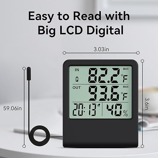 4-in-1 Thermometer Hygrometer with Alarm Clock, Large LCD, 1.5 m Waterproof Probe for Fridge/Greenhouse/Aquarium, 10-Second Refresh, Max/Min, °C/°F, Wall/Desk/Magnetic Mount - Image 3