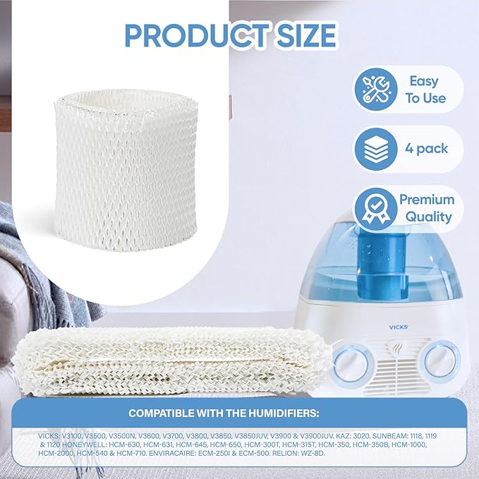 4 Pack WF2 Humidifier Wick Filter Replacement for Vicks Kaz V3500N V3700 V3100 V3900 Sunbeam 1118 1119 Series for Honeywell HCM-300T HCM-315T HCM-350 WA-8D Enviracaire ECM-500 Humidifier WF2 & PWF2 - Image 2