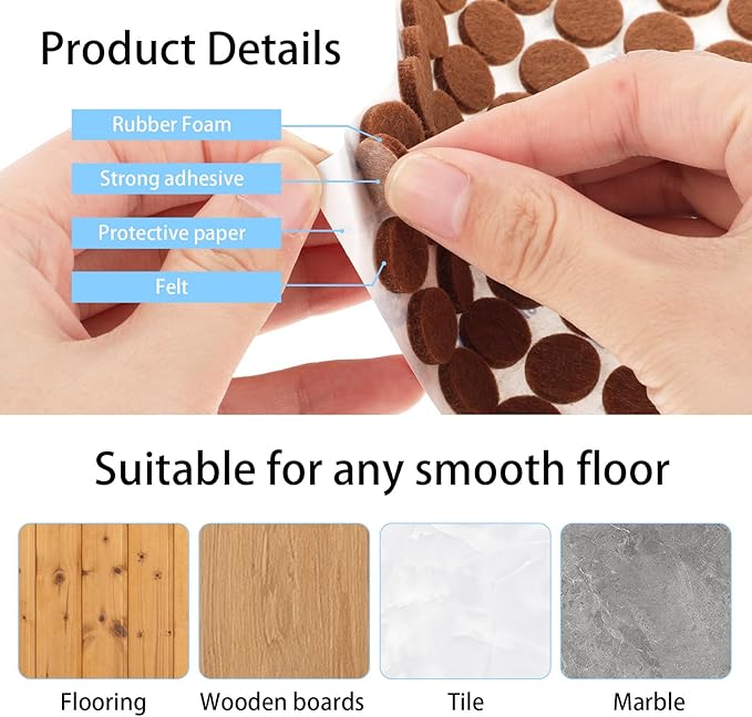 48 Pcs Brown Felt Cabinet Door Pads, 1/2 Inches Diameter Self Adhesive Felt Bumpers for Furniture Kitchen Cabinet Doors Floor Drawers Cupboards - Image 6