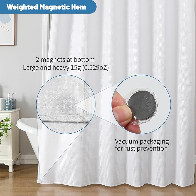 2-in-1 Waterproof Fabric Shower Curtain - No Separate Liner Needed, Hotel-Style Waffle Weave, Effortless Cleaning & Washable Bathroom Shower Curtain Set,72Wx78H,White - Image 6
