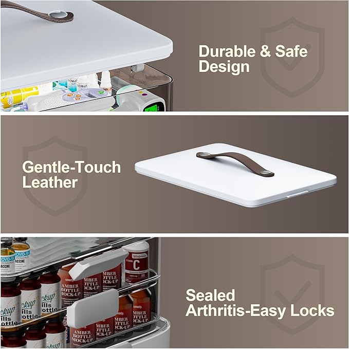 CTIME 4-Tier XL Medicine Organizer - Portable Medicine Cabinet with Leather Handle, Empty First Aid Kit for Home Organization Must, School, Dormitory, Travel, RV, Dorm, Ideal Elderly Gift - Image 8