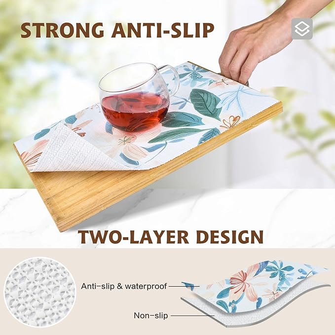 Shelf Liners Non Adhesive Pastel Floral & Bird Pattern - Thickened Non-Slip Easy to Clean Drawer Liner for Kitchen Cabinets, Tool Box, Refrigerator, with Knife & Tape Measure，17.3in x 236.2in. - Image 2