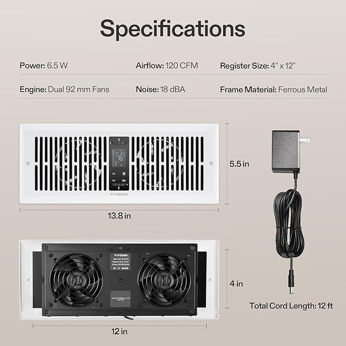 VIVOSUN Quiet Register Booster Fan for "  " Holes, Cooling Heating Vent Fan with 10-Speeds App Control &Adjustable Wind Direction, Thermostat Control for Bedroom, Bathroom &Attic, White - Image 8