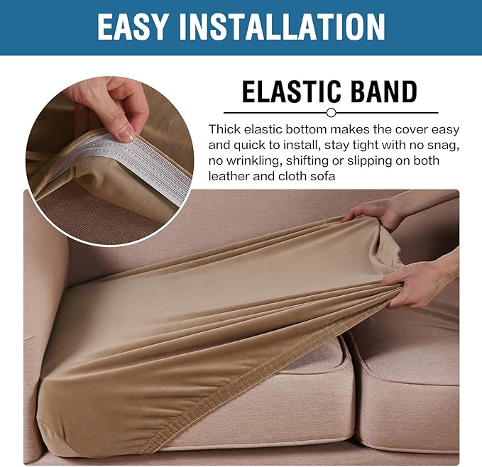 H.VERSAILTEX Velvet Stretch Couch Cushion Cover Plush Cushion Slipcover for Chair Loveseat Sofa Cushion Furniture Protector Seat Cushion Sofa Cover (2 Piece Large Sofa Cushion Covers, Camel) - Image 4