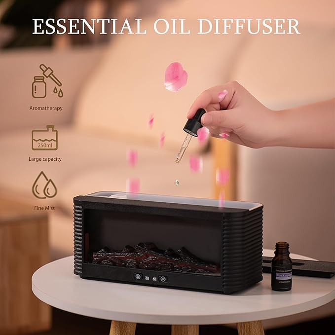 2026 Upgraded 9 Color Flame Fireplace Aroma Essential Oil Diffuser,250ml USB Desktop Noiseless Cool Mist Humidifier with Timer Auto-Off Protection for Home,Office, Gift (Black) - Image 3