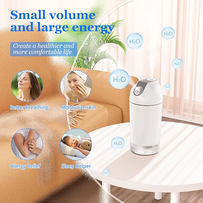 Mini Humidifier-Battery Operated 480ml Cordless Portable Small Humidifier USB Rechargeable Personal Desktop Humidifiers With Night Light & 4 Spray Modes for Car, Baby, Plants (White, 2600mAh) - Image 4