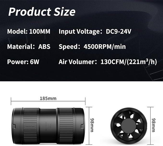 4 Inch Inline Duct Fan 130CFM Airflow with Stepless Speed Control Low Noise Energy Saving Ventilation Booster Fan for Grow Tents,Workshops,Basements - Image 2